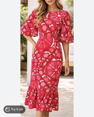 Rhode Target Dress Size 4 Red Floral Linen Blend Ruffle Hem Flutter Sleeve Midi